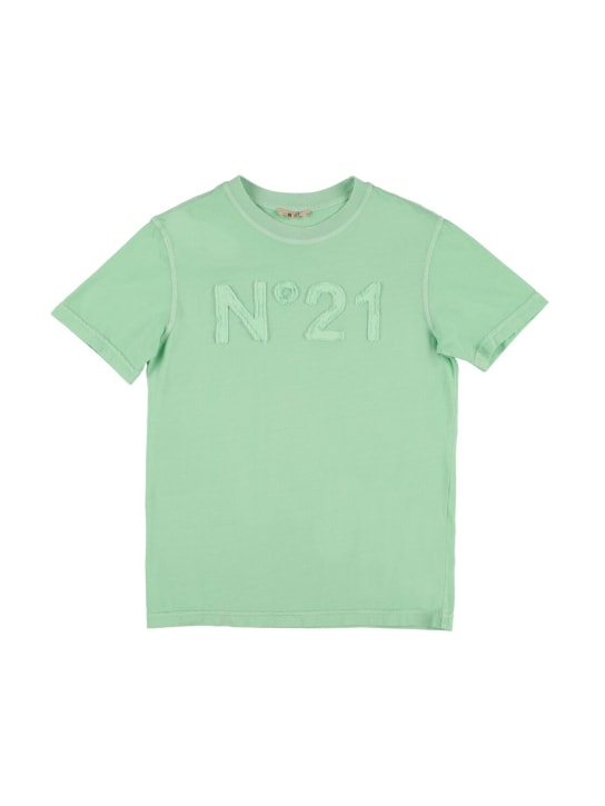 N°21: Camiseta de jersey de algodón con parche - Verde Claro - kids-girls_0 | Luisa Via Roma