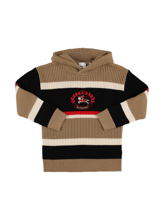 Burberry: Stripe wool knit hooded sweater w/logo - Beige - kids-boys_0 | Luisa Via Roma