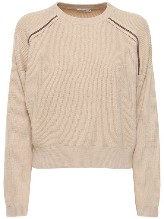 Brunello Cucinelli: Embellished cotton crewneck sweater - Beige - women_0 | Luisa Via Roma