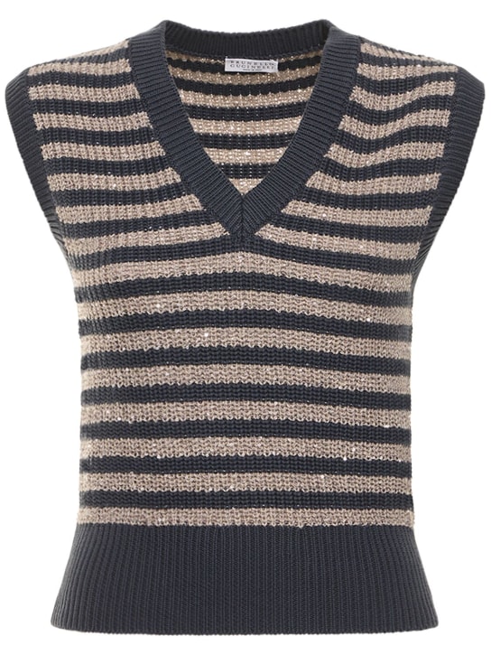 Brunello Cucinelli: Striped cotton knit lurex vest - women_0 | Luisa Via Roma