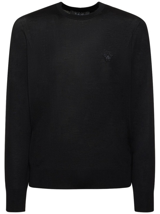 Versace: Logo wool blend knit sweater - Black - men_0 | Luisa Via Roma