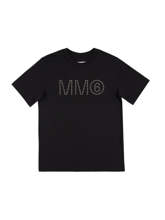 MM6 Maison Margiela: 스터드 로고 코튼 저지 티셔츠 - 블랙 - kids-boys_0 | Luisa Via Roma