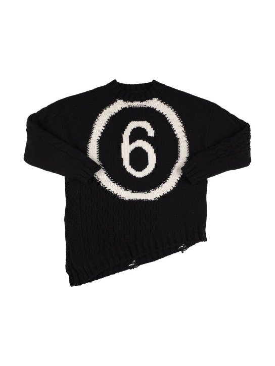 MM6 Maison Margiela: Pull en maille de laine mélangée intarsia à logo - Noir - kids-girls_0 | Luisa Via Roma