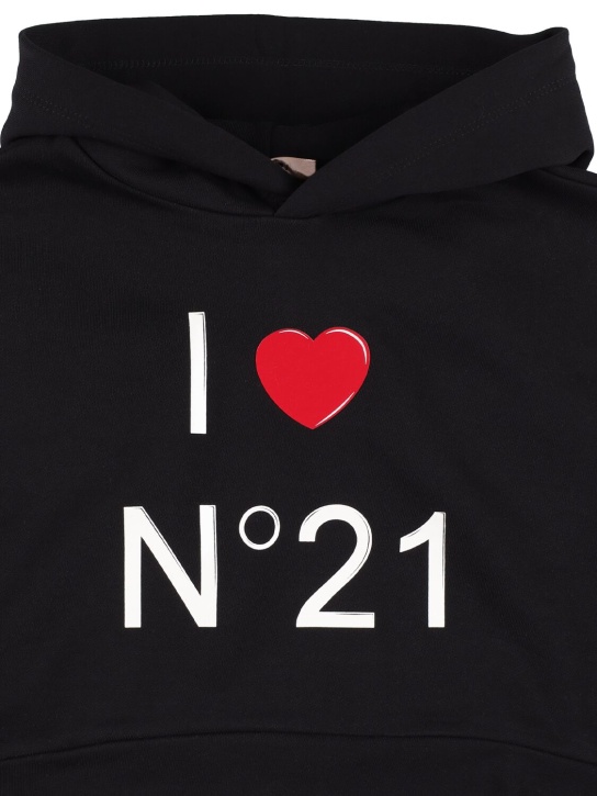 N°21: Sweat court en jersey de coton imprimé à capuche - Noir - kids-girls_1 | Luisa Via Roma