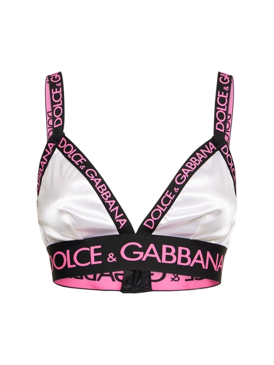 Dolce&Gabbana: 로고 새틴 트라이앵글 브라 - 화이트/핑크 - women_0 | Luisa Via Roma