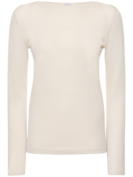 Brunello Cucinelli: Boat neck silk blend lurex knit sweater - Off-White - women_0 | Luisa Via Roma