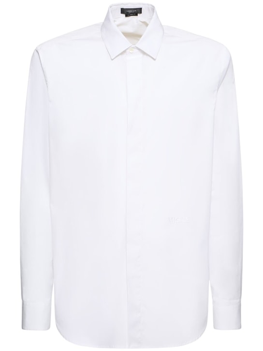 Versace: Camisa de popelina de algodón con logo - Blanco - men_0 | Luisa Via Roma
