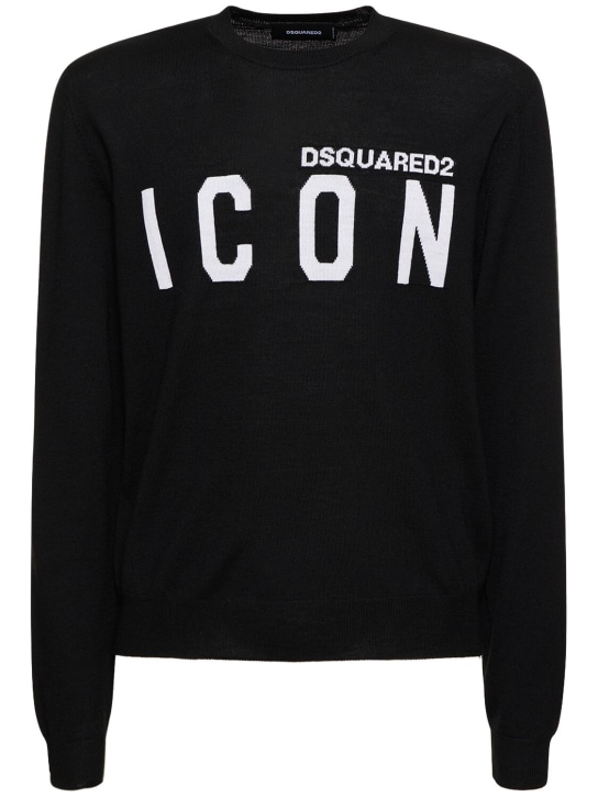 Dsquared2: Printed logo wool knit sweater - Black/White - men_0 | Luisa Via Roma