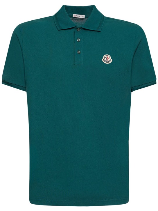 Moncler: Logo cotton polo shirt - Forest Green - men_0 | Luisa Via Roma