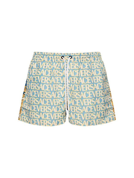 Versace: Bañador shorts de nylon estampado - Azul Claro - men_0 | Luisa Via Roma