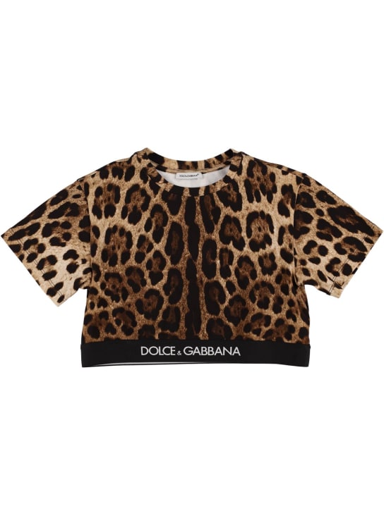 Dolce&Gabbana: Camiseta corta de algodón estampado - Negro/Café - kids-girls_0 | Luisa Via Roma