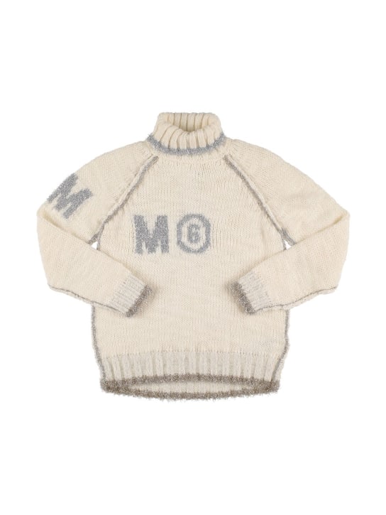 MM6 Maison Margiela: Maglia in misto lana a intarsio con logo - Bianco - kids-girls_0 | Luisa Via Roma