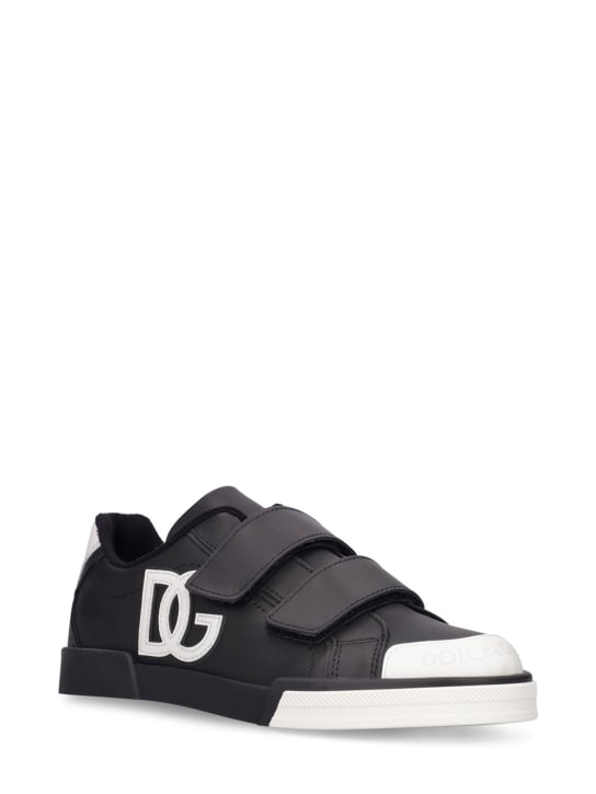 Dolce&Gabbana: Logo print leather strap sneakers - Black/White - kids-boys_1 | Luisa Via Roma
