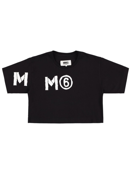 MM6 Maison Margiela: T-shirt en jersey de coton imprimé logo - Noir - kids-girls_0 | Luisa Via Roma