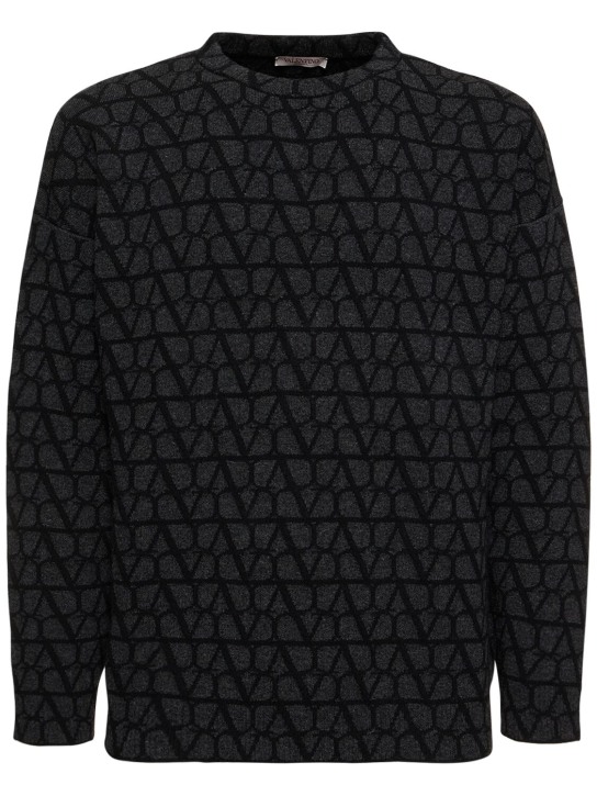 Valentino: Toile Iconographe wool crewneck sweater - Grey/Black - men_0 | Luisa Via Roma