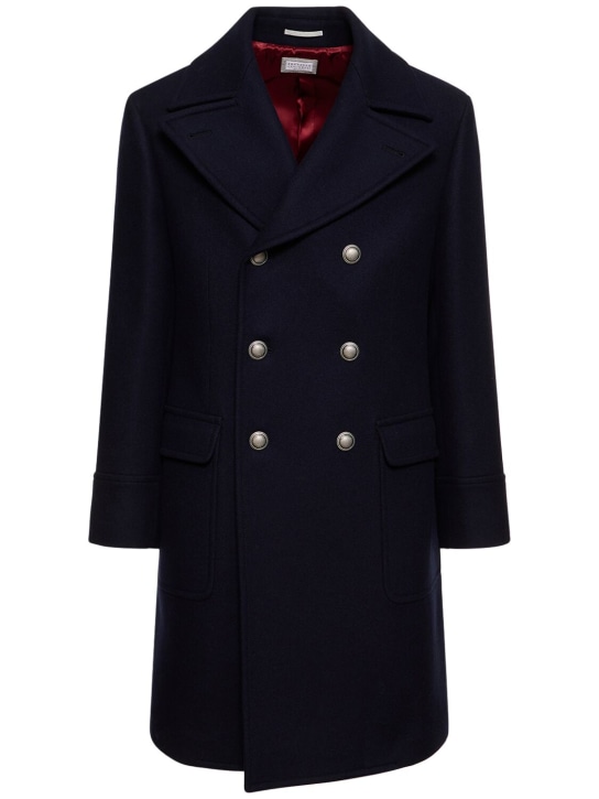 Brunello Cucinelli: Double breasted wool & cashmere coat - Navy - men_0 | Luisa Via Roma