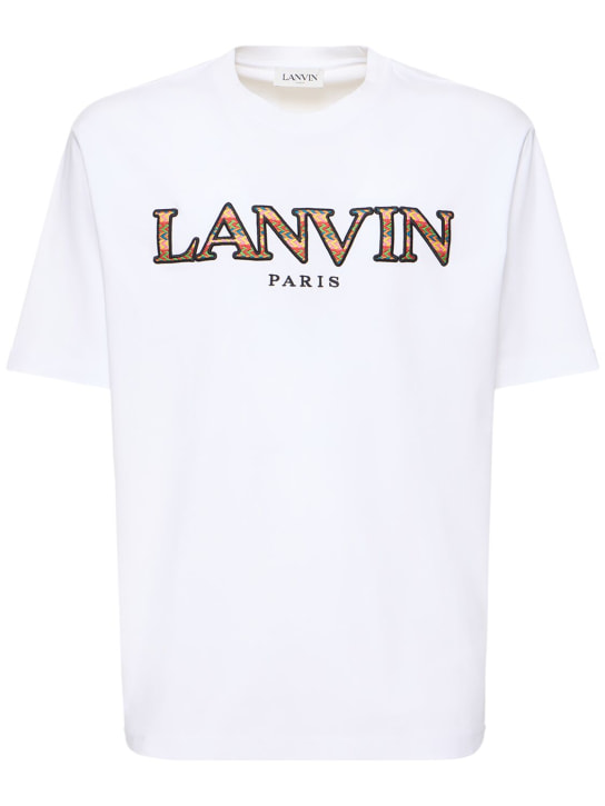 Lanvin: Curb 로고 자수 코튼 티셔츠 - 화이트 - men_0 | Luisa Via Roma