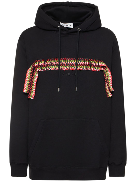 Lanvin: Curb logo embroidery cotton hoodie - Black - men_0 | Luisa Via Roma