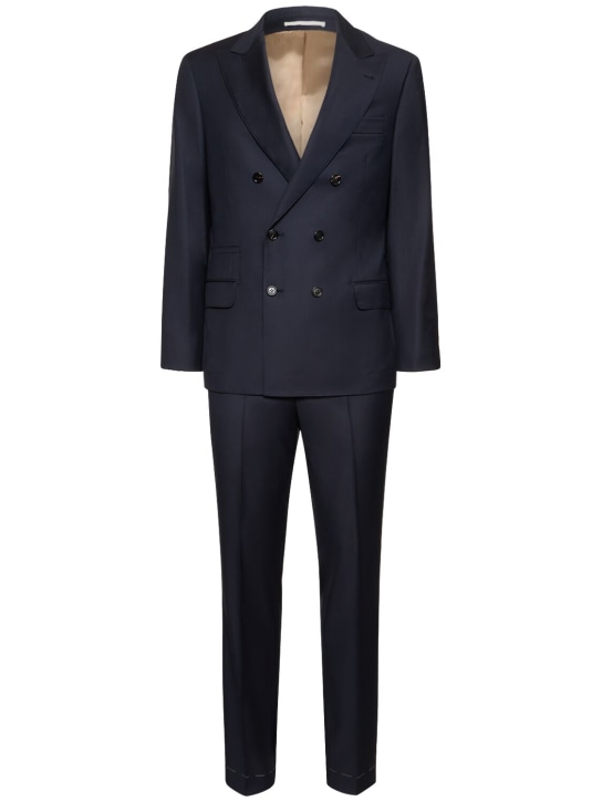 Brunello Cucinelli: Wool double breasted suit - Navy - men_0 | Luisa Via Roma