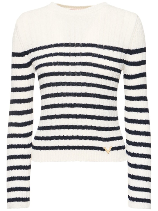 Valentino: Striped viscose blend knit sweater - White/Navy - women_0 | Luisa Via Roma