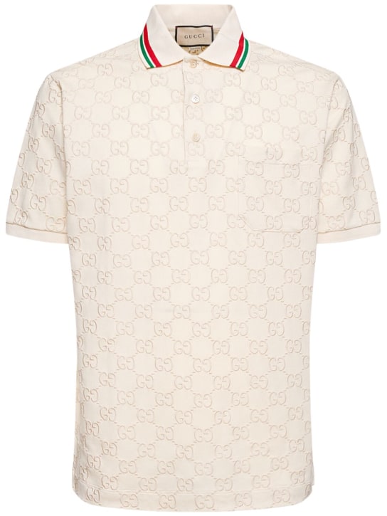 Gucci: Stretch cotton blend piqué polo shirt - Bone - men_0 | Luisa Via Roma