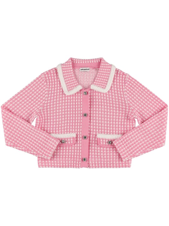 Self-portrait: Embellished cotton blend knit jacket - Pink/Weiß - kids-girls_0 | Luisa Via Roma