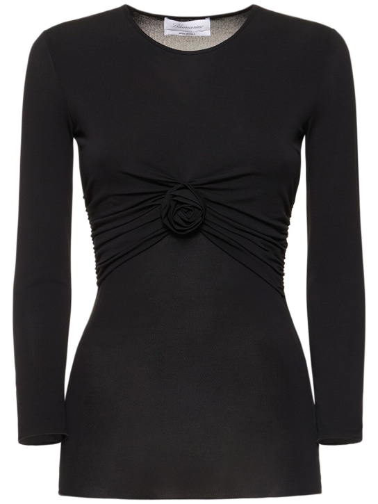 Blumarine: Jersey 3/4 sleeves draped top w/ rose - Negro - women_0 | Luisa Via Roma