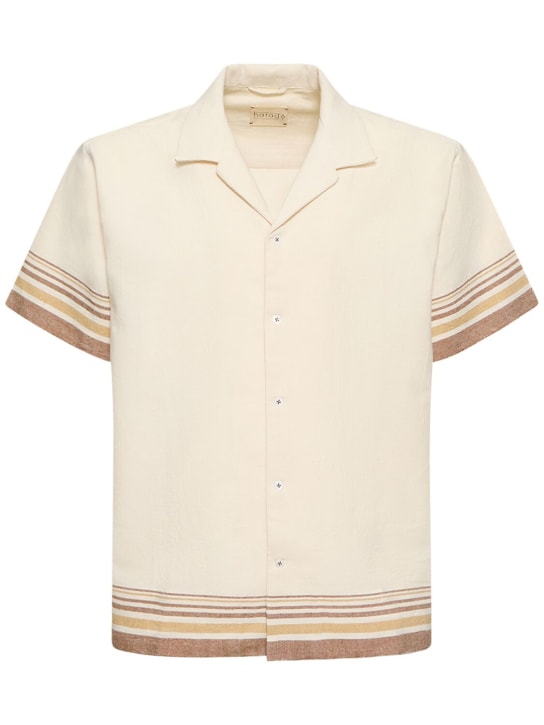 Harago: Striped cotton short sleeve shirt - Beige - men_0 | Luisa Via Roma