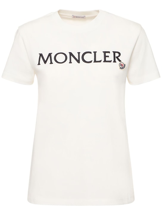 Moncler: Logo embroidered cotton t-shirt - Natural - women_0 | Luisa Via Roma