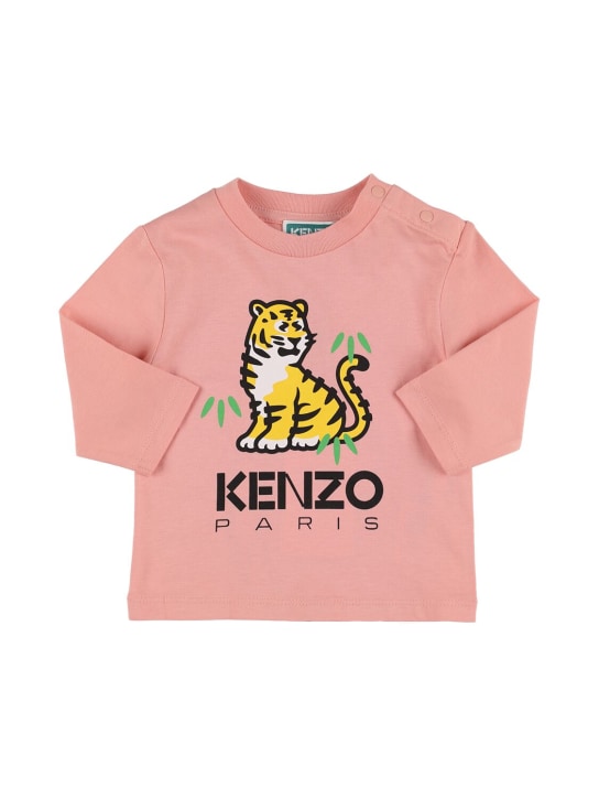Kenzo Kids: Printed organic cotton t-shirt w/logo - Pink - kids-girls_0 | Luisa Via Roma