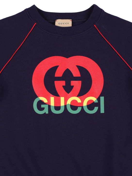 Gucci: Felpa in jersey di cotone GG con stampa - Blu Scuro - kids-girls_1 | Luisa Via Roma
