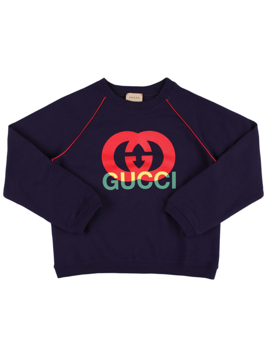 Gucci: Sweat-shirt en jersey de coton imprimé GG - Bleu Foncé - kids-boys_0 | Luisa Via Roma
