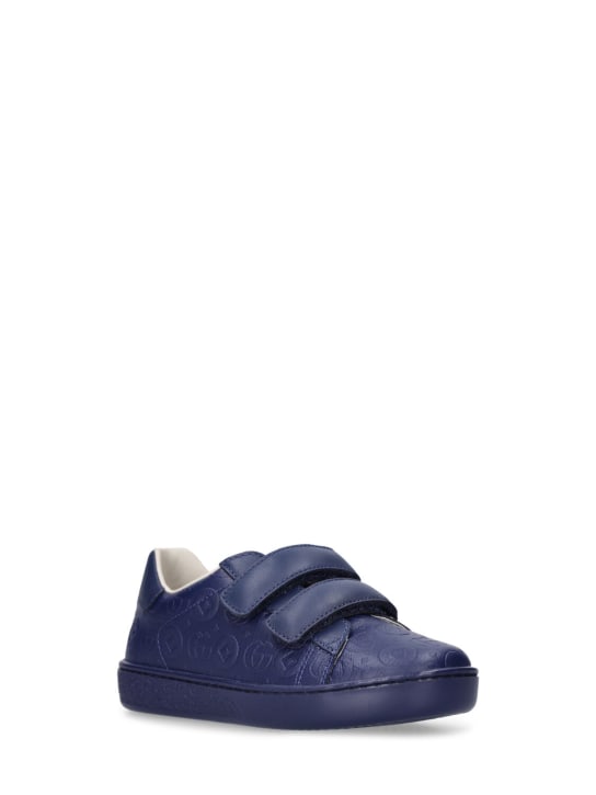 Gucci: Sneakers Double G Dots de piel con correa - Blue Royale - kids-boys_1 | Luisa Via Roma