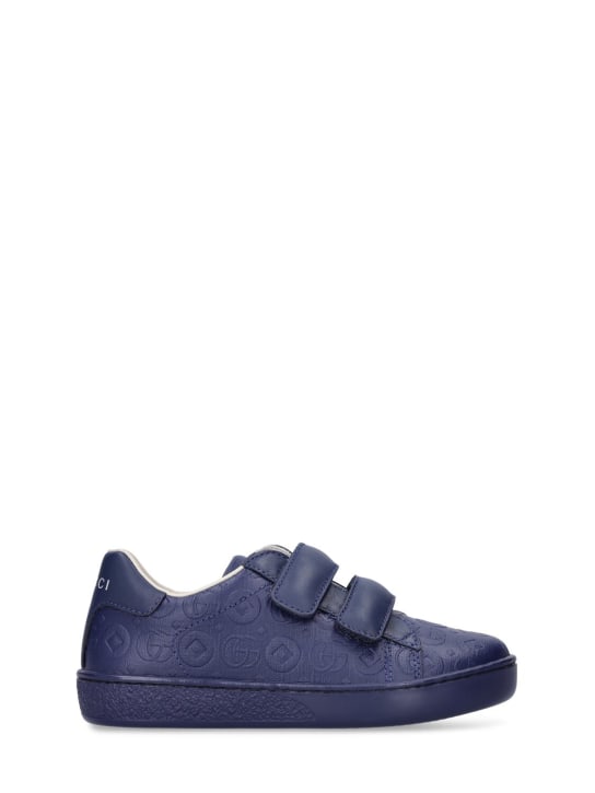 Gucci: Sneakers Double G Dots de piel con correa - Blue Royale - kids-boys_0 | Luisa Via Roma
