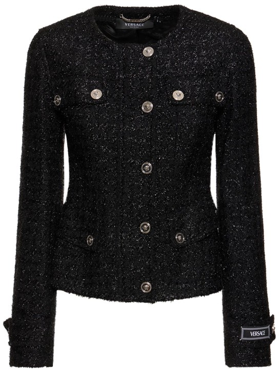 Versace: Lurex tweed collarless jacket - Multicolor - women_0 | Luisa Via Roma