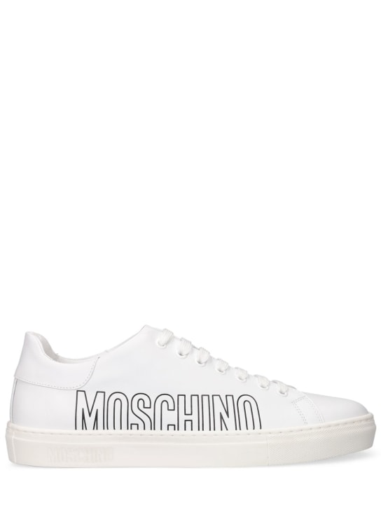 Moschino: Logo print leather sneakers - men_0 | Luisa Via Roma