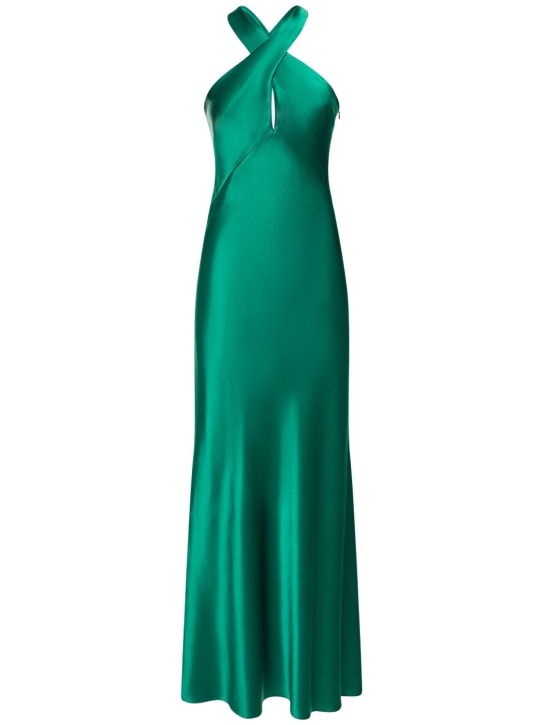 Galvan: Evelyn cross neck satin long dress - Emerald - women_0 | Luisa Via Roma