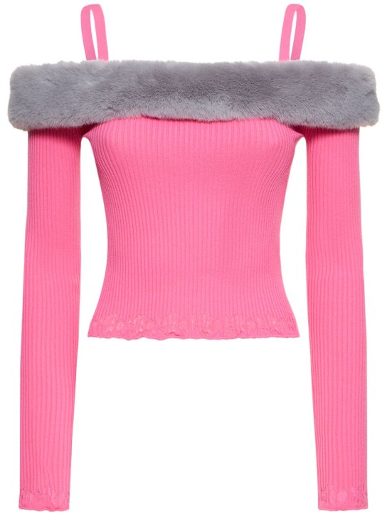Blumarine: Off-the-shoulder faux fur knit top - Pink - women_0 | Luisa Via Roma