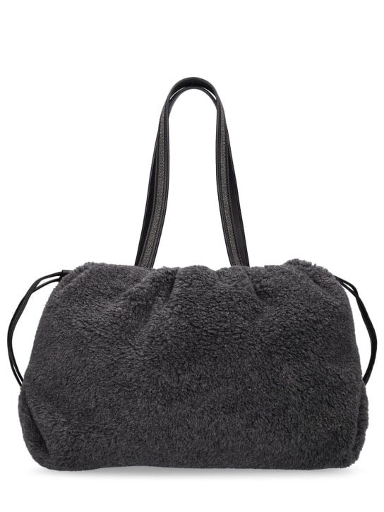 Brunello Cucinelli: Wool blend faux fur shoulder bag - Lead - women_0 | Luisa Via Roma