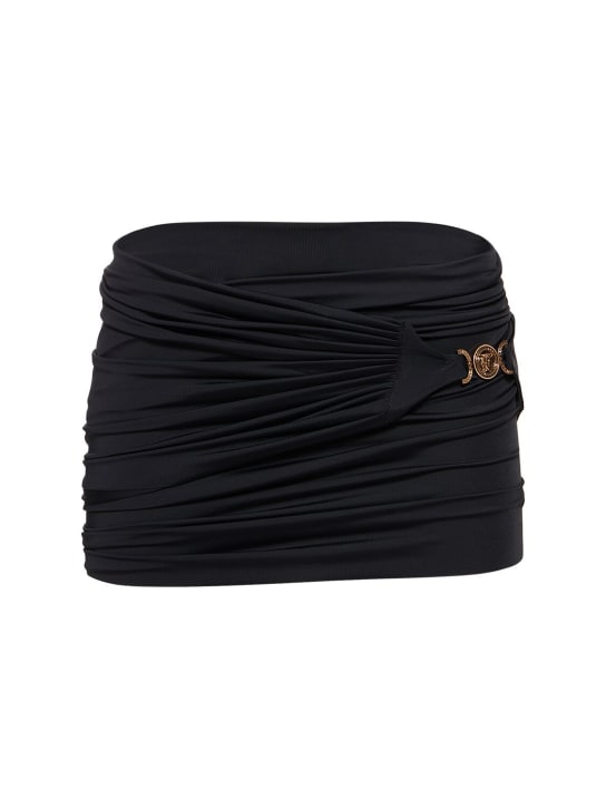 Versace: Jupe courte en jersey à logo en métal - Noir - women_0 | Luisa Via Roma