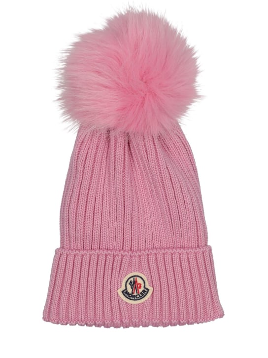 Moncler: Wool beanie w/ pompom - Light Pink - kids-girls_0 | Luisa Via Roma