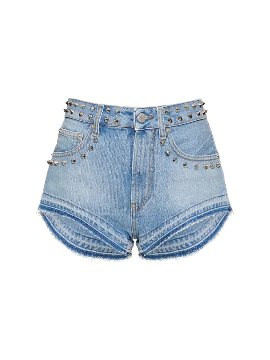 Alessandra Rich: Studded denim mini shorts - Light Blue - women_0 | Luisa Via Roma