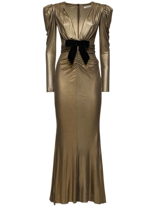 Alessandra Rich: Laminated ruched cady v-neck midi dress - Gold - women_0 | Luisa Via Roma