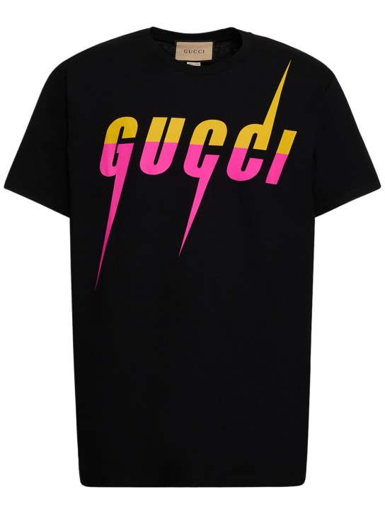 Gucci: T-shirt in cotone con logo - Nero/Multicolor - men_0 | Luisa Via Roma