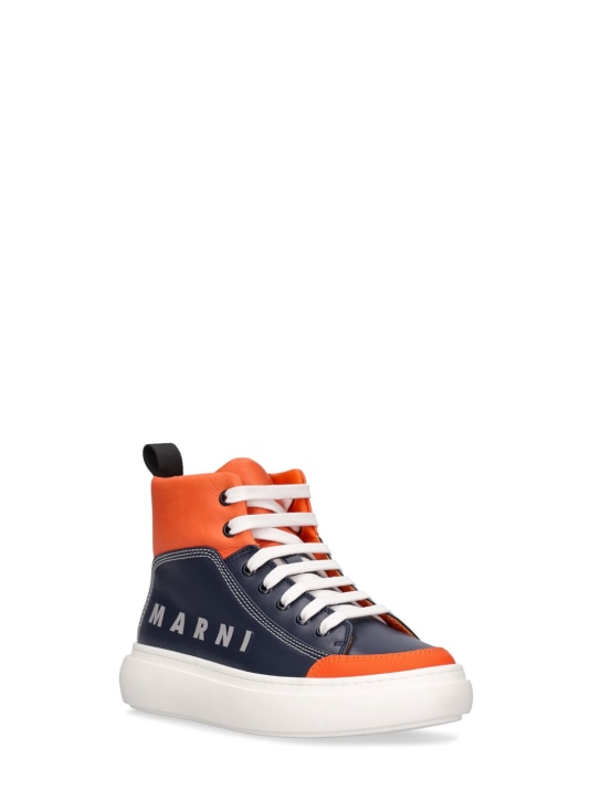 Marni Junior: Leather & tech high sneakers w/logo - Orange/Black - kids-girls_1 | Luisa Via Roma