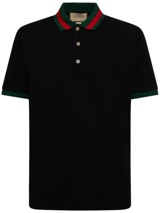 Gucci: Stretch cotton blend polo shirt w/ Web - Black - men_0 | Luisa Via Roma