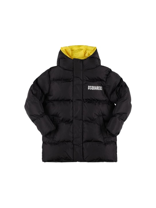 Dsquared2: Hooded nylon puffer jacket w/logo - Schwarz/Gelb - kids-boys_0 | Luisa Via Roma