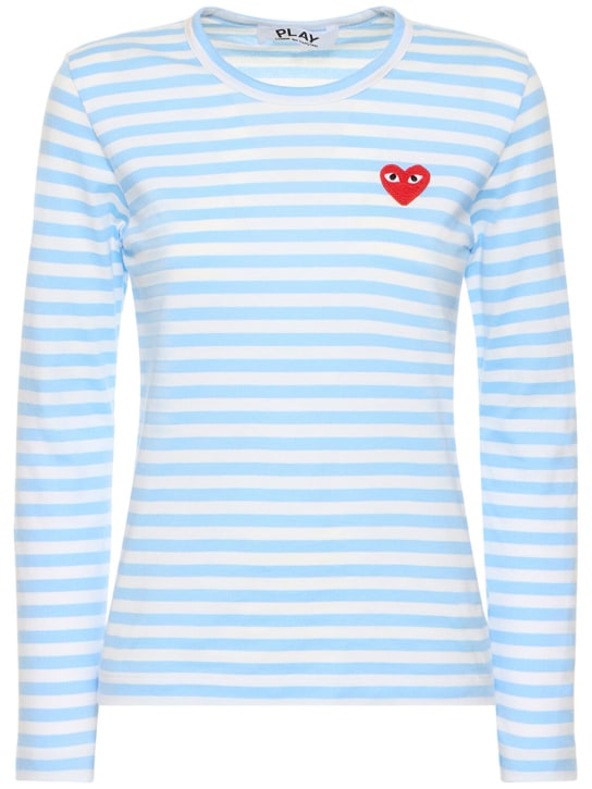 Comme des Garçons Play: Camiseta de algodón jersey a rayas con logo - Blanco/Azul Claro - women_0 | Luisa Via Roma