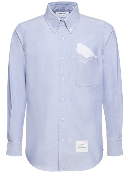 Thom Browne: Straight fit cotton shirt w/ embroidery - Light Blue - men_0 | Luisa Via Roma