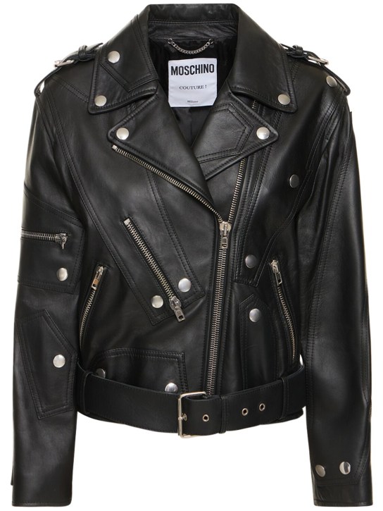 Moschino: Leather belted jacket w/ zip details - Black - women_0 | Luisa Via Roma